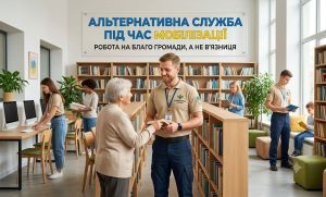 У бібліотеці чоловік з нашивкою "Альтернативна служба" передає книгу жінці. На стіні напис: "Альтернативна служба під час мобілізації".