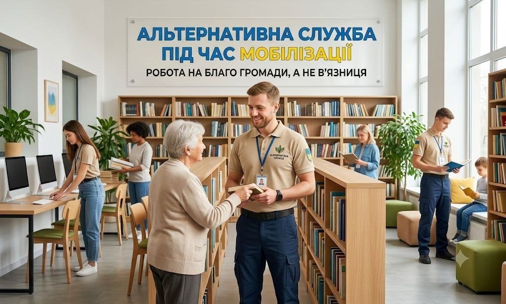У бібліотеці чоловік з нашивкою "Альтернативна служба" передає книгу жінці. На стіні напис: "Альтернативна служба під час мобілізації".
