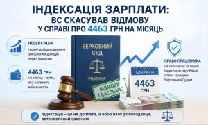 Інфографіка про індексацію зарплати, що показує рішення Верховного Суду про скасування відмови у виплаті 4463 грн щомісяця, з молотком та гривнями.
