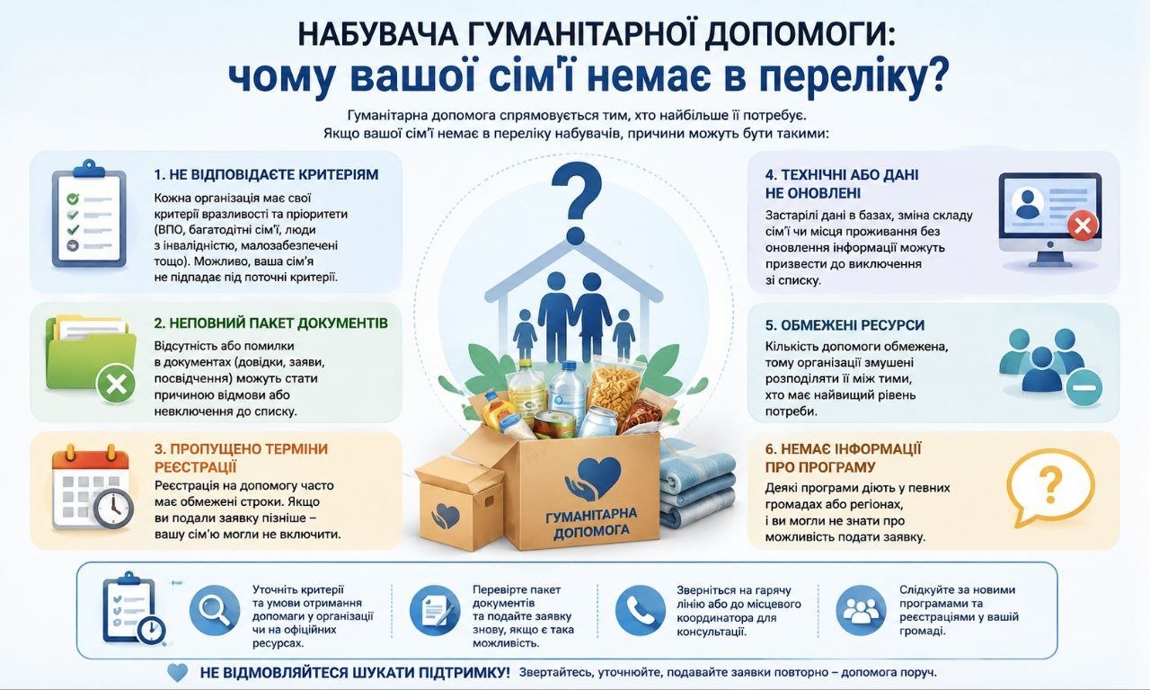 Інфографіка: родина, коробки з гуманітарною допомогою (їжа, вода), та 6 причин відсутності сім'ї у переліку набувачів гуманітарної допомоги.