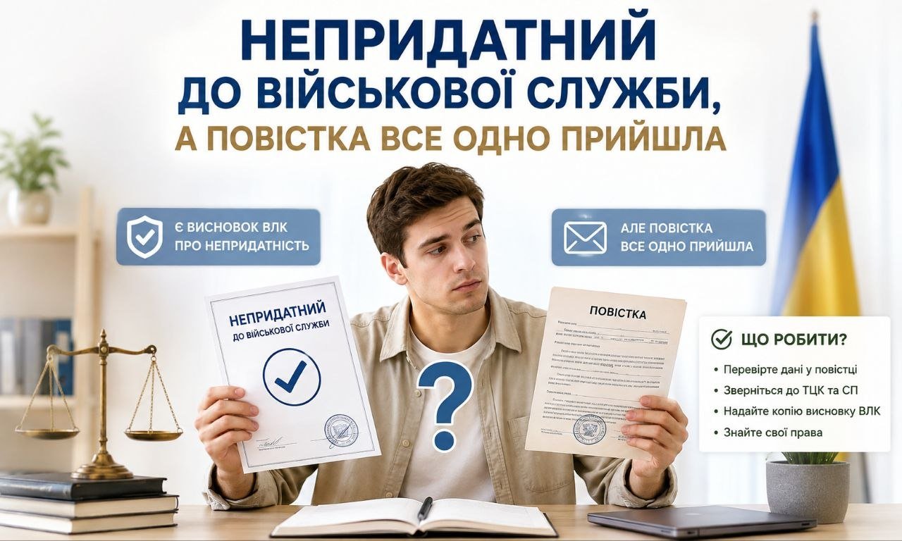 Чоловік розгублено тримає документ про непридатність до військової служби та повістку, що відображає основну проблему статті.