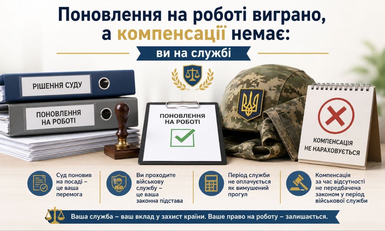 Зображення ілюструє поновлення на роботі через суд для військовослужбовців, показуючи рішення суду, успішне поновлення та відсутність компенсації за час служби.