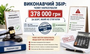 Інфографіка пояснює, чому виконавчий збір у 378 000 грн нараховано за борг, який не стягнули, із зображенням суддівського молотка та калькулятора.