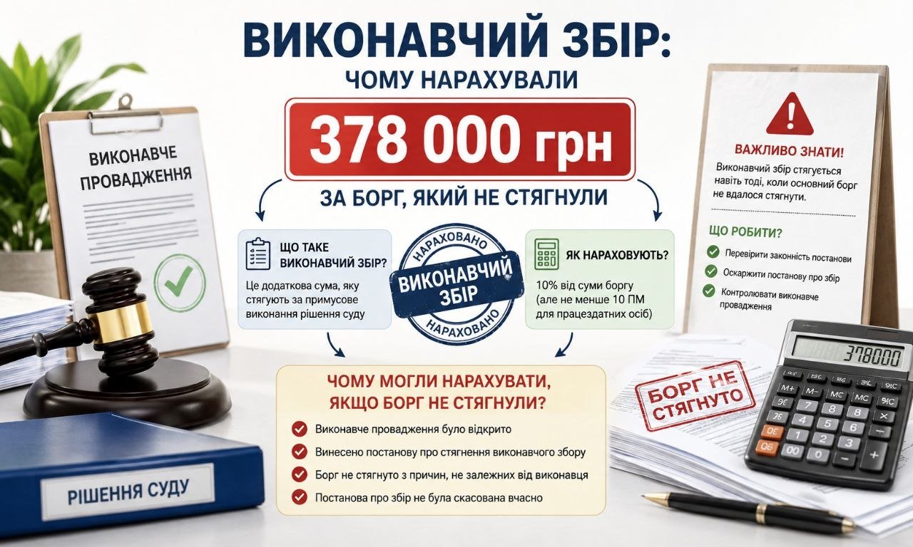 Інфографіка пояснює, чому виконавчий збір у 378 000 грн нараховано за борг, який не стягнули, із зображенням суддівського молотка та калькулятора.