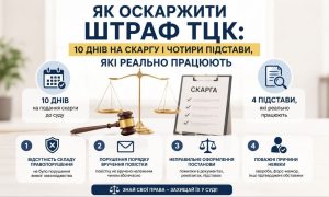Інфографіка з терезами, молотком судді та бланком "СКАРГА", що пояснює, як оскаржити штраф ТЦК, терміни та 4 підстави для скасування.