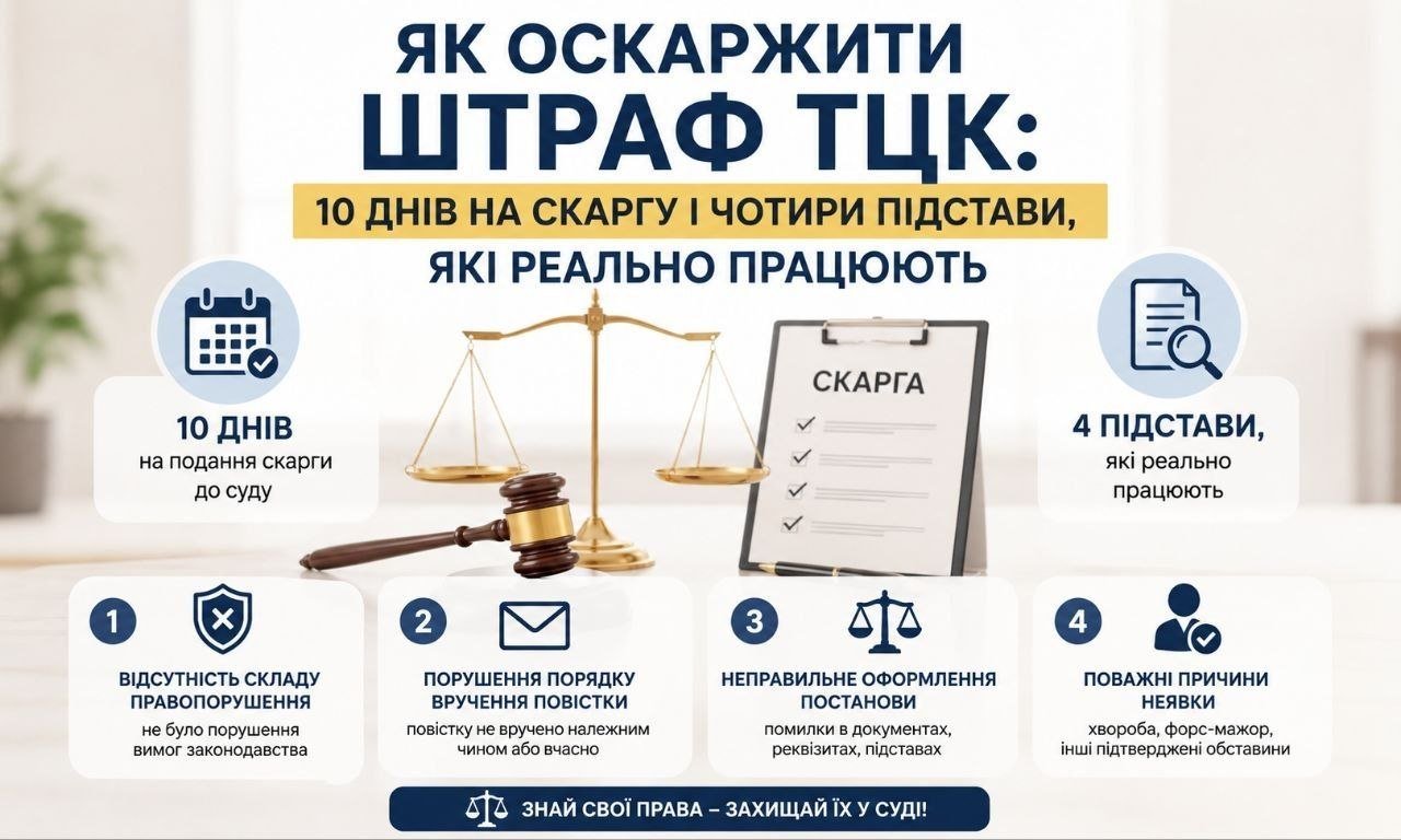 Інфографіка з терезами, молотком судді та бланком "СКАРГА", що пояснює, як оскаржити штраф ТЦК, терміни та 4 підстави для скасування.