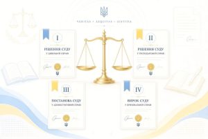 Золоті терези правосуддя та чотири документи з рішеннями суду (цивільна, господарська, адміністративна, кримінальна справа), що стосуються звільнення мобілізованого працівника.