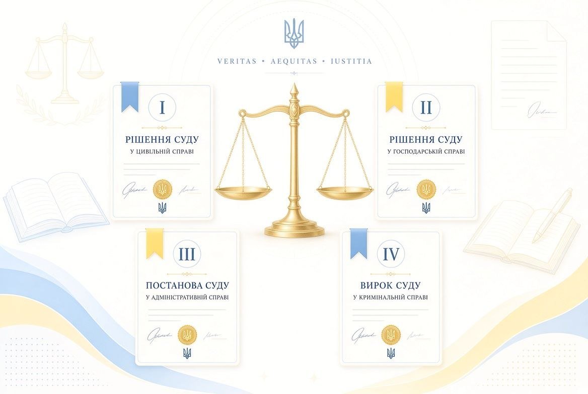Золоті терези правосуддя та чотири документи з рішеннями суду (цивільна, господарська, адміністративна, кримінальна справа), що стосуються звільнення мобілізованого працівника.