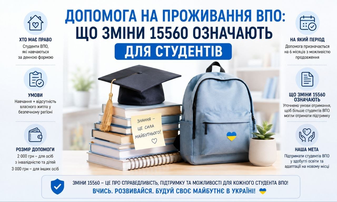 Інфографіка: академічна шапка, книги, рюкзак з прапором України. Пояснює допомогу на проживання ВПО для студентів, зміни №15560.