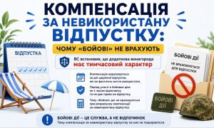 Інфографіка пояснює, чому «бойові» не враховуються при розрахунку компенсації за невикористану відпустку військовослужбовцям, показуючи календар відпусток та військову каску.