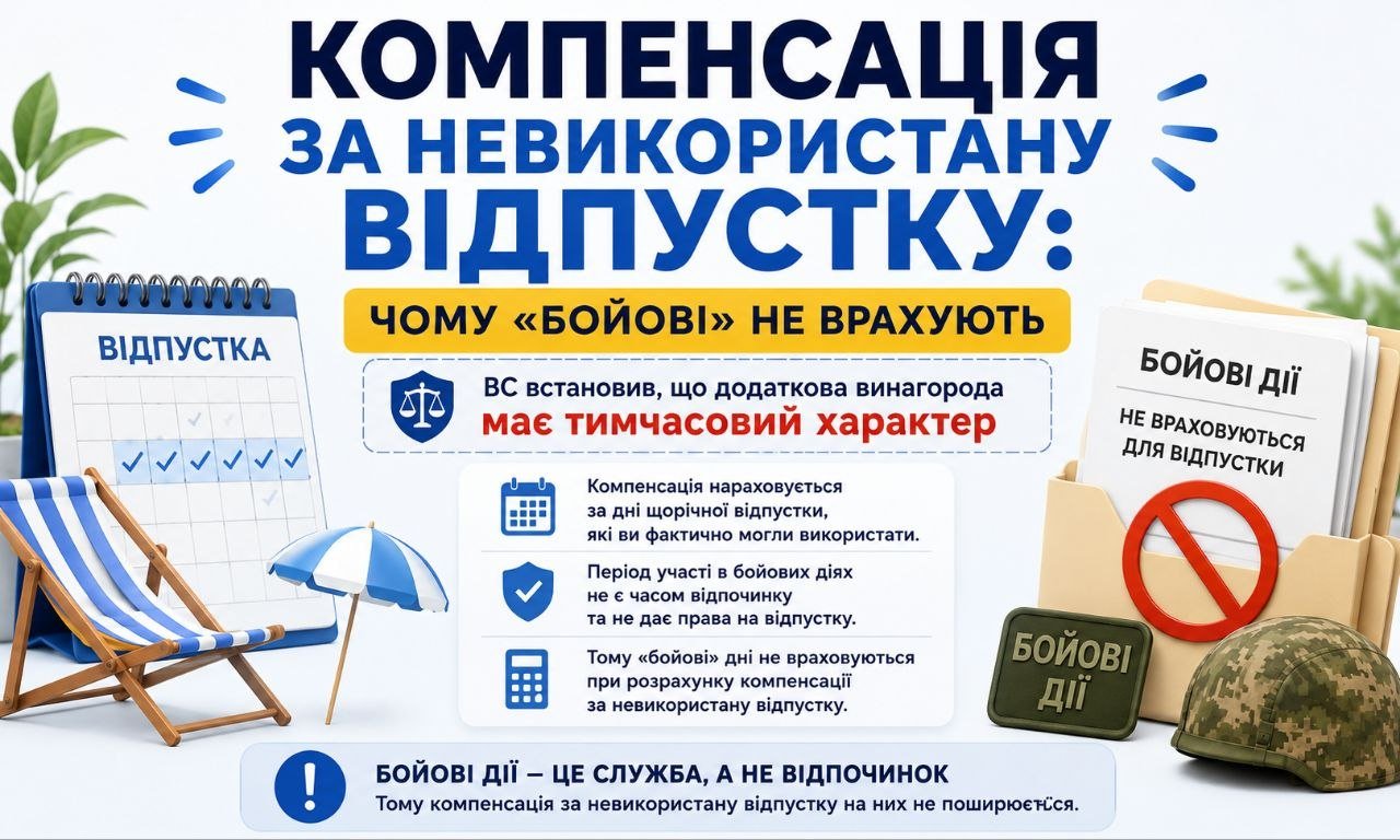 Інфографіка пояснює, чому «бойові» не враховуються при розрахунку компенсації за невикористану відпустку військовослужбовцям, показуючи календар відпусток та військову каску.