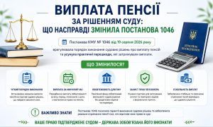 Інфографіка про виплату пенсії за рішенням суду, що роз'яснює зміни після постанови КМУ №1046, з вагами правосуддя та пенсійним посвідченням.