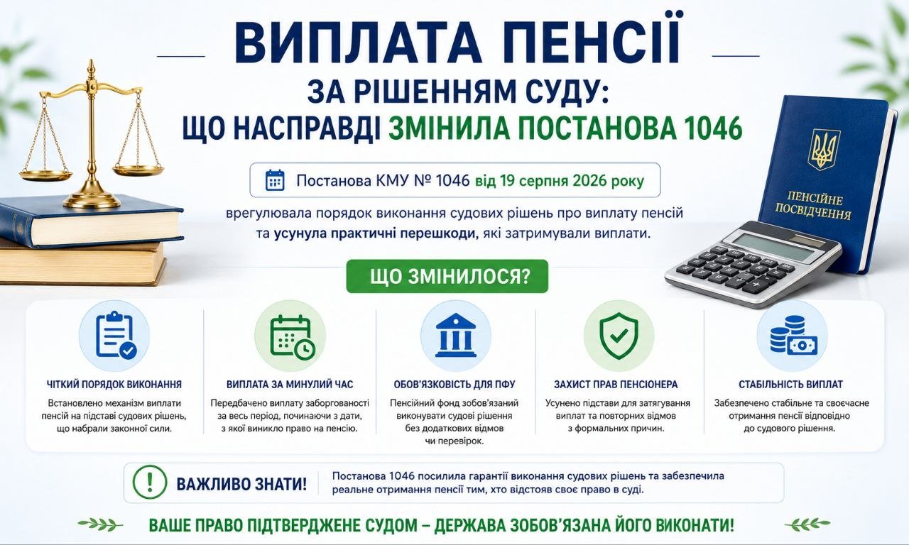 Інфографіка про виплату пенсії за рішенням суду, що роз'яснює зміни після постанови КМУ №1046, з вагами правосуддя та пенсійним посвідченням.