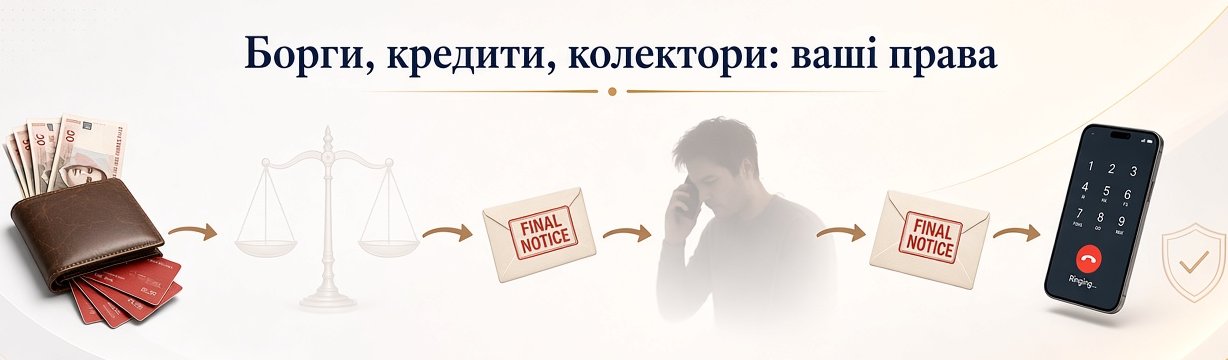 Ілюстрація: Борги, кредити, колектори: ваші права. Гаманець, терези, "final notice", людина на телефоні, дзвінок, щит захисту.