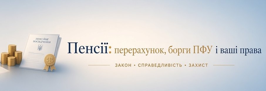 Зображення пенсійного посвідчення, монет та символу правосуддя з текстом "Пенсії: перерахунок, борги ПФУ і ваші права", що відображає захист прав пенсіонерів.