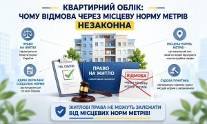 Інфографіка про квартирний облік, що показує право на житло, відмову через місцеві норми та судову практику.