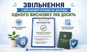Інфографіка "Звільнення з військової служби по догляду: одного висновку ЛКК досить" з бланком ЛКК, військовим квитком та символами догляду, що підкреслює достатність одного висновку ЛКК для звільнення.
