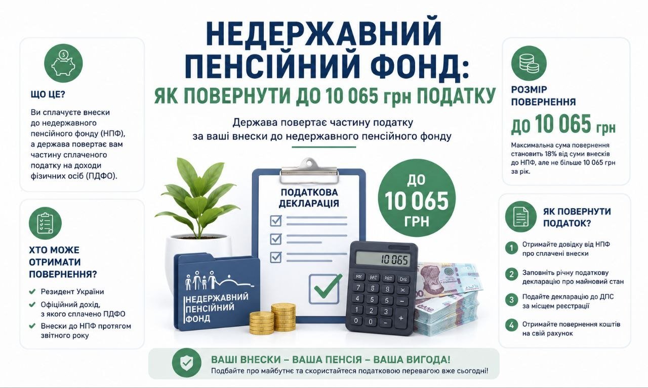 Інфографіка про недержавний пенсійний фонд, що показує, як повернути до 10 065 грн податку, з податковою декларацією, калькулятором, грошима та папкою фонду.