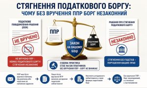 Інфографіка про стягнення податкового боргу, де ваги правосуддя показують, що без вручення ППР борг є незаконним, а закон на боці платника.