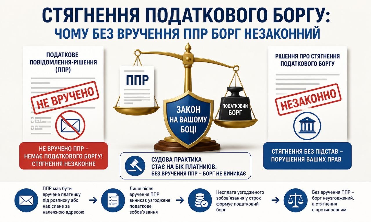 Інфографіка про стягнення податкового боргу, де ваги правосуддя показують, що без вручення ППР борг є незаконним, а закон на боці платника.