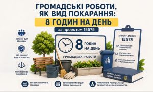 Інфографіка "громадські роботи як вид покарання: 8 годин на день за проєктом 15575" з візуалізацією прибирання та Кримінальним кодексом.