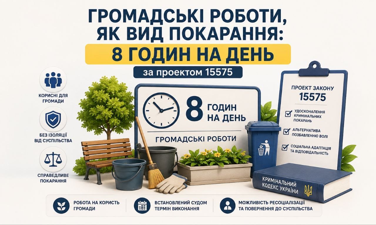 Інфографіка "громадські роботи як вид покарання: 8 годин на день за проєктом 15575" з візуалізацією прибирання та Кримінальним кодексом.