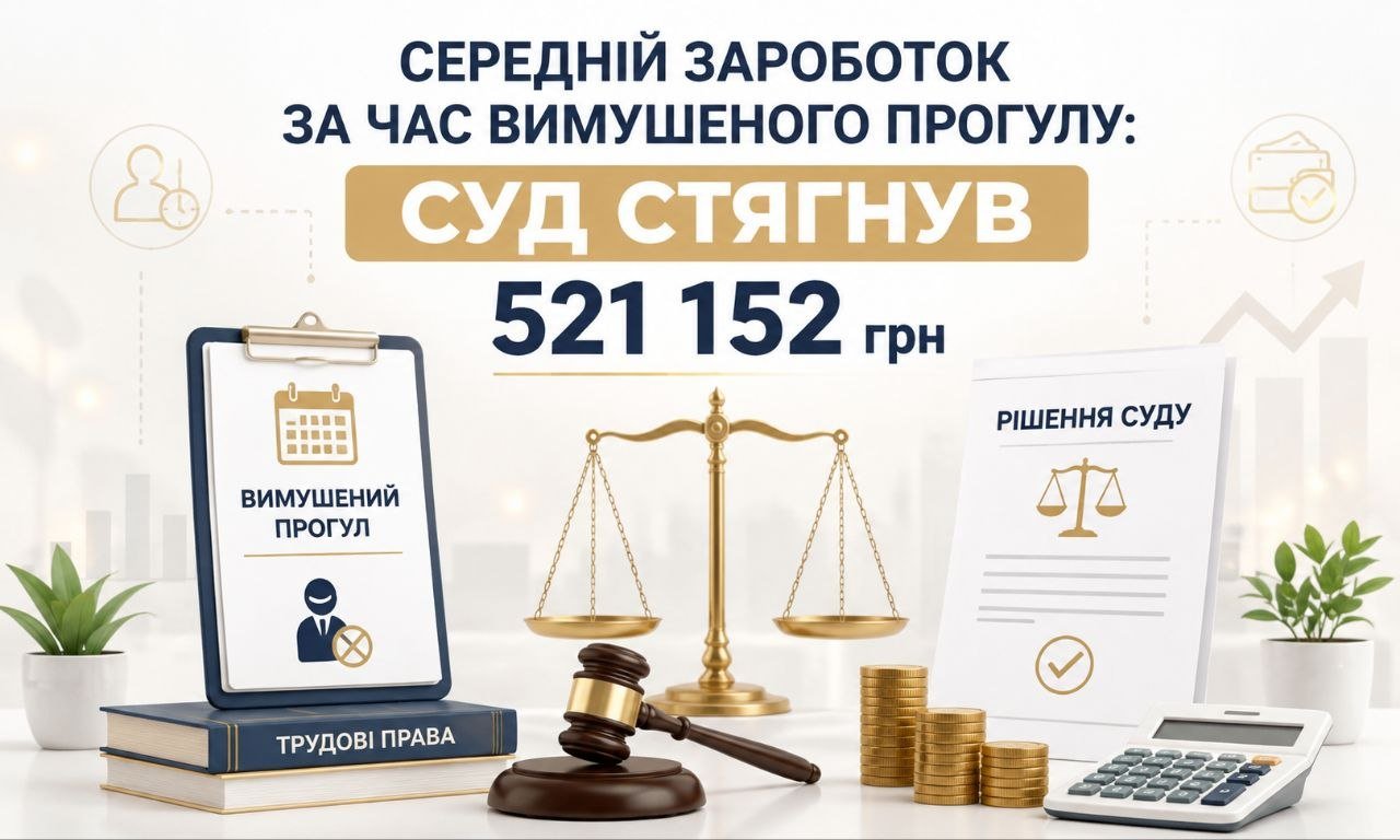 Середній заробіток за час вимушеного прогулу: ілюстрація судового рішення про стягнення 521 152 грн, із зображенням терезів, молотка, документів та книг з трудового права.