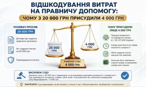 Інфографіка про відшкодування витрат на правничу допомогу, де на вагах показано 20 000 грн заявлених та 4 000 грн присуджених. Пояснення причин зменшення суми.
