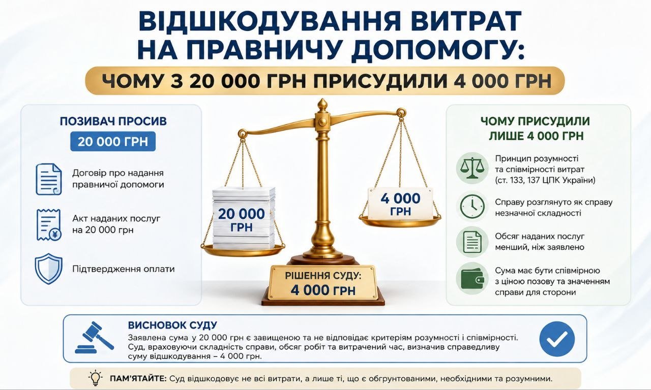 Інфографіка про відшкодування витрат на правничу допомогу, де на вагах показано 20 000 грн заявлених та 4 000 грн присуджених. Пояснення причин зменшення суми.