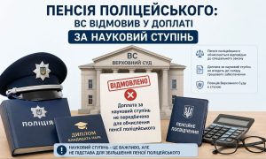 Пенсія поліцейського: поліцейський кашкет, диплом кандидата наук та будівля Верховного Суду з відмовою у доплаті за науковий ступінь.