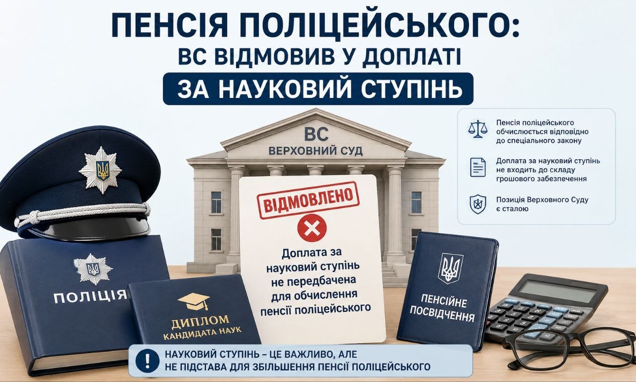 Пенсія поліцейського: поліцейський кашкет, диплом кандидата наук та будівля Верховного Суду з відмовою у доплаті за науковий ступінь.