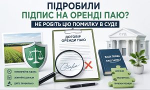 Документ "Договір оренди паю" з підробленим підписом під збільшувальним склом, суд, терези правосуддя та поля, що ілюструє розірвання договору оренди землі через фальсифікацію.