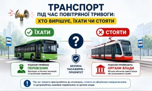 Інфографіка "Транспорт під час повітряної тривоги: хто вирішує, їхати чи стояти" із зображенням автобуса, трамвая та поясненнями щодо рішень перевізників та органів влади.