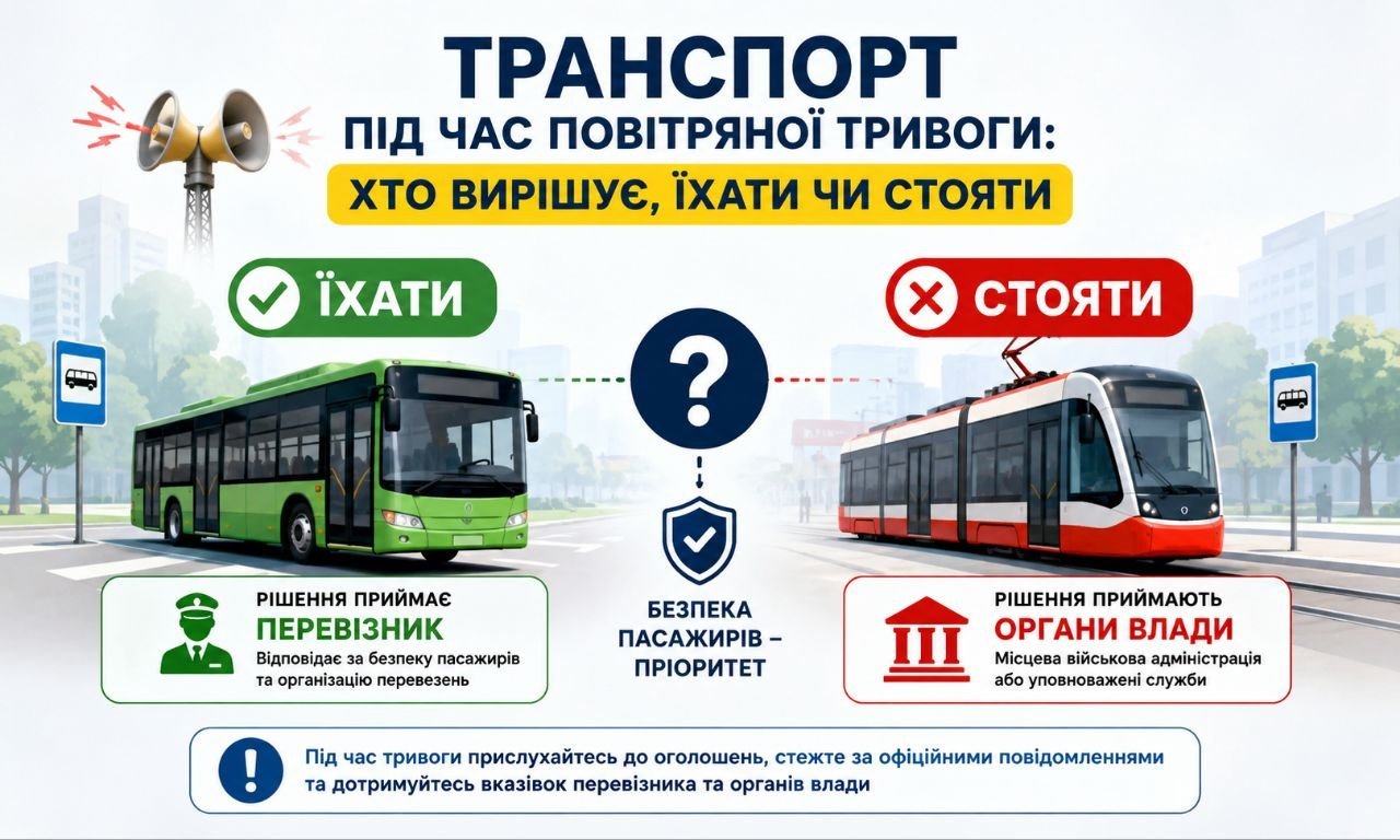Інфографіка "Транспорт під час повітряної тривоги: хто вирішує, їхати чи стояти" із зображенням автобуса, трамвая та поясненнями щодо рішень перевізників та органів влади.