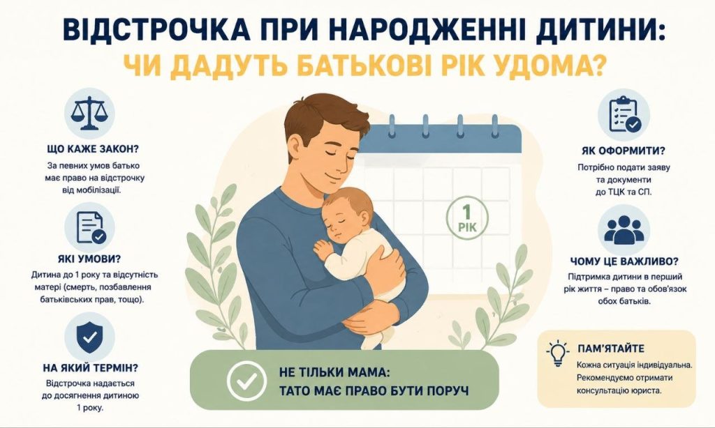 Інфографіка про відстрочку при народженні дитини, де батько тримає немовля, а календар показує "1 рік". Пояснення умов та термінів.