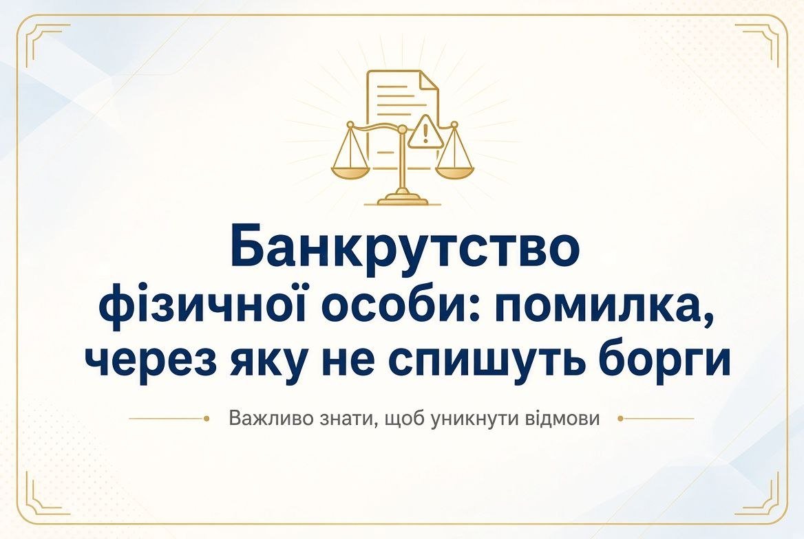 Графічний заголовок "Банкрутство фізичної особи: помилка, через яку не спишуть борги" з юридичними символами правосуддя.