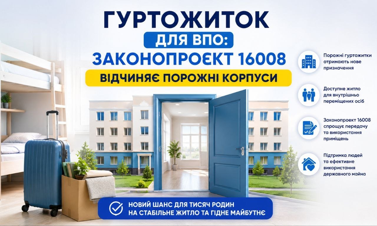 Валіза, коробка з речами та відчинені двері до порожньої кімнати на тлі гуртожитку, що символізує гуртожиток для ВПО за законопроєктом 16008.