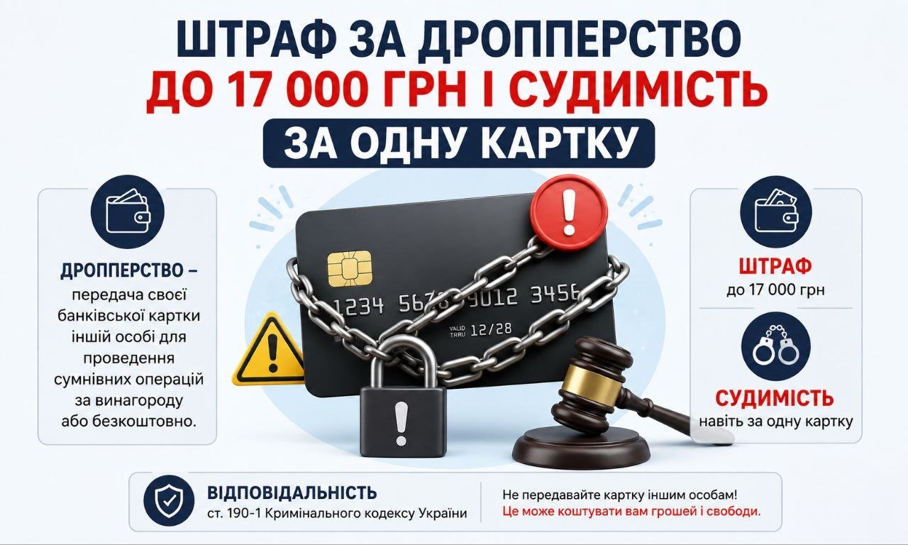 Штраф за дропперство: банківська картка в ланцюгах із замком, молоток судді, попередження про судимість і штраф.
