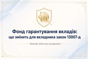 Зображення золотого щита з копілкою та будівлею банку, що символізує захист, та текст про закон 13007-д, який змінить роботу фонд гарантування вкладів для вкладників.