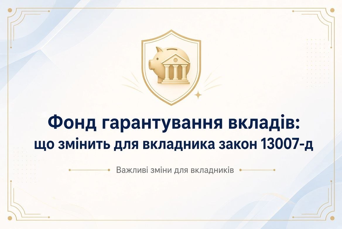 Зображення золотого щита з копілкою та будівлею банку, що символізує захист, та текст про закон 13007-д, який змінить роботу фонд гарантування вкладів для вкладників.