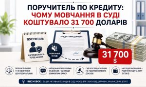 Інфографіка: поручитель по кредиту, кредитний договір, молоток судді, гроші та іконка мовчання, що ілюструє втрати $31,7 тис. через бездіяльність у суді.