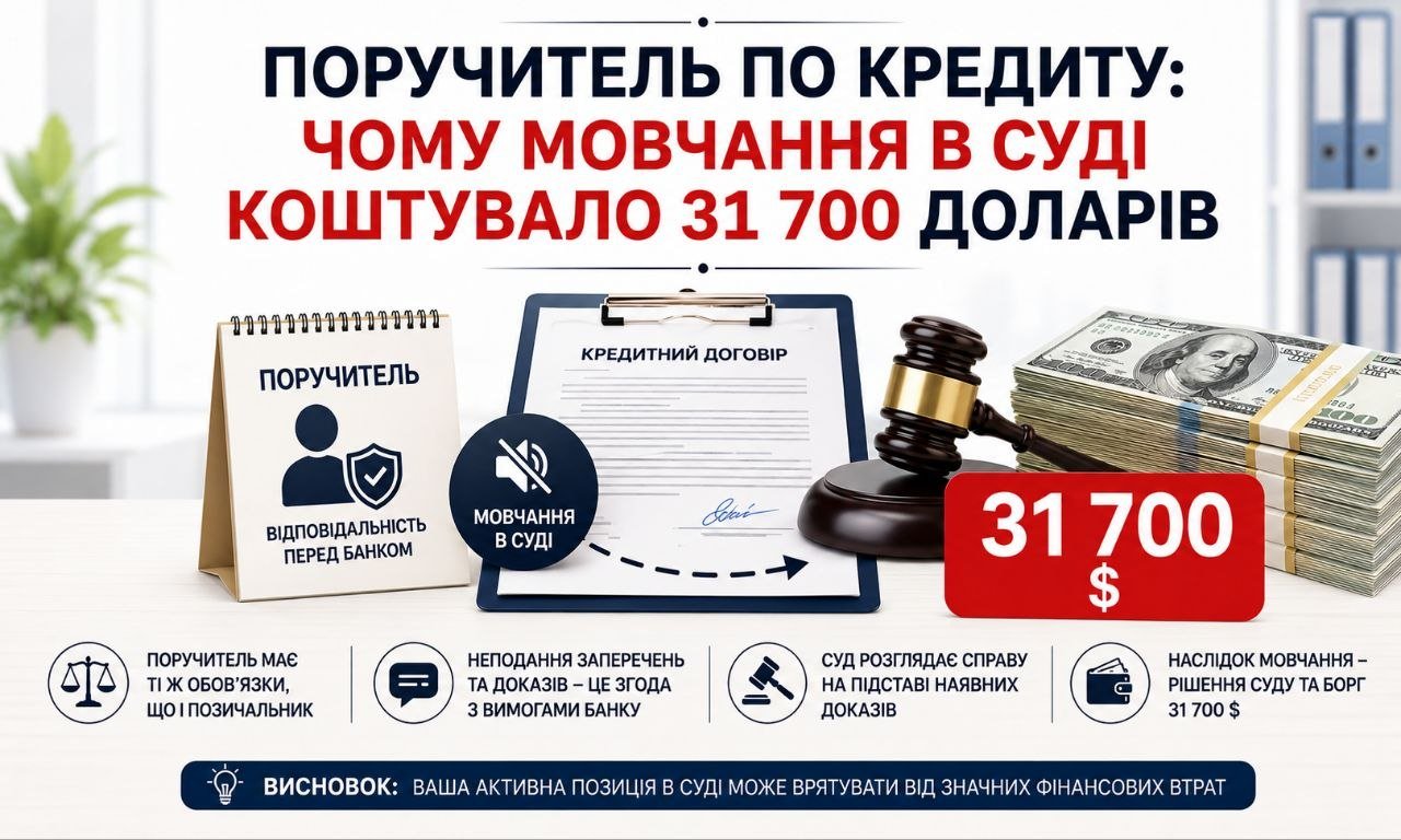 Інфографіка: поручитель по кредиту, кредитний договір, молоток судді, гроші та іконка мовчання, що ілюструє втрати $31,7 тис. через бездіяльність у суді.