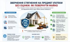 Інфографіка про звернення стягнення на предмет іпотеки без оцінки, що ілюструє будинок, щит "Майно можна повернути", ваги правосуддя та покрокові дії для повернення майна.
