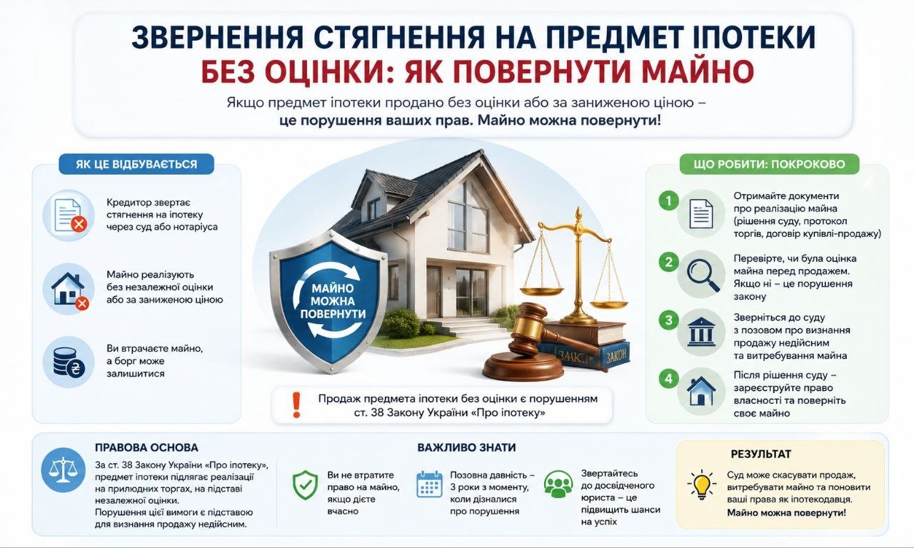 Інфографіка про звернення стягнення на предмет іпотеки без оцінки, що ілюструє будинок, щит "Майно можна повернути", ваги правосуддя та покрокові дії для повернення майна.