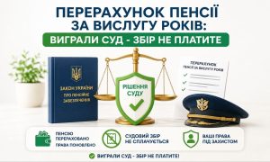 Ілюстрація з книгою Закону про пенсійне забезпечення, терезами правосуддя та документом, що символізує перерахунок пенсії за вислугу років після виграшу суду без сплати збору.