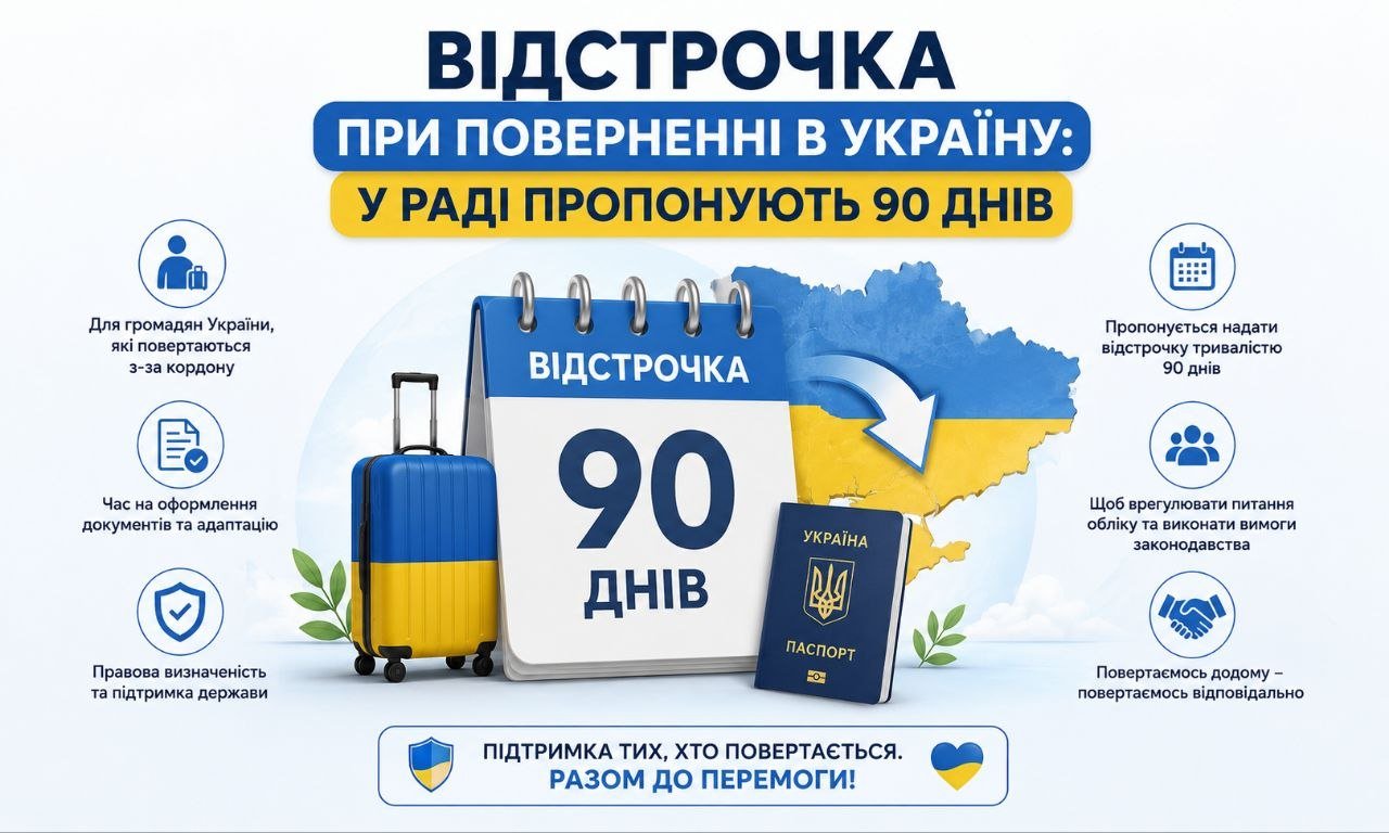 Графічна ілюстрація законопроєкту про 90-денну відстрочку, що включає календар з "90 днів", український паспорт, валізу та карту України. Це стосується відстрочки при поверненні в Україну.