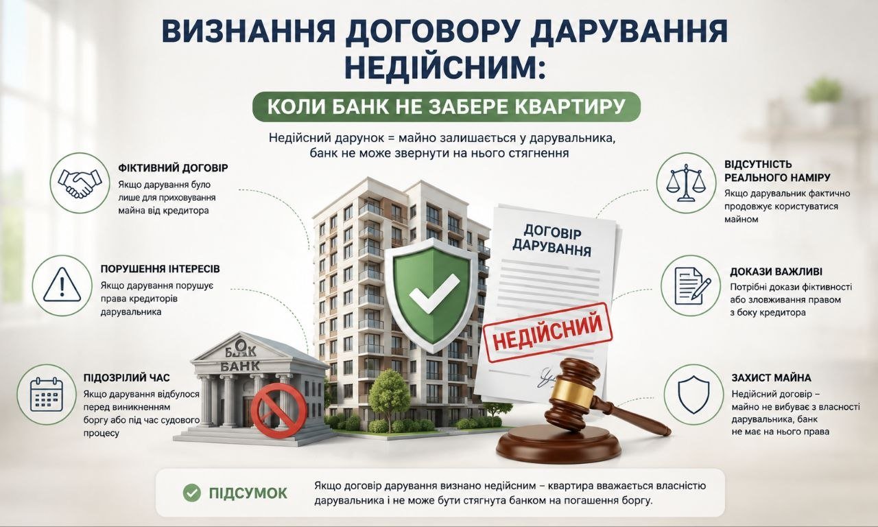 Інфографіка "Визнання договору дарування недійсним: коли банк не забере квартиру", що візуалізує юридичні умови захисту майна від стягнення, включаючи будинок, банк та судові атрибути.