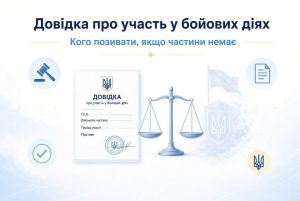 Довідка про участь у бойових діях поруч з вагами правосуддя та молотком судді, що символізує судовий процес щодо її видачі.