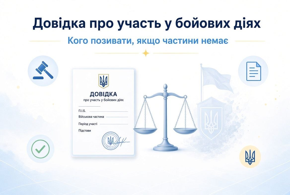 Довідка про участь у бойових діях поруч з вагами правосуддя та молотком судді, що символізує судовий процес щодо її видачі.