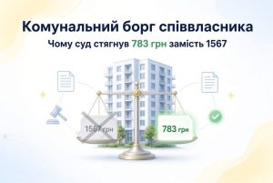 Зображення терезів, що зважують 1567 грн (перекреслено) та 783 грн, ілюструє судовий розгляд про комунальний борг співвласника.